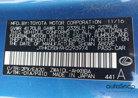 2017 Lexus Ct 200H from USA, damaged, VIN JTHKD5BH9H2293974